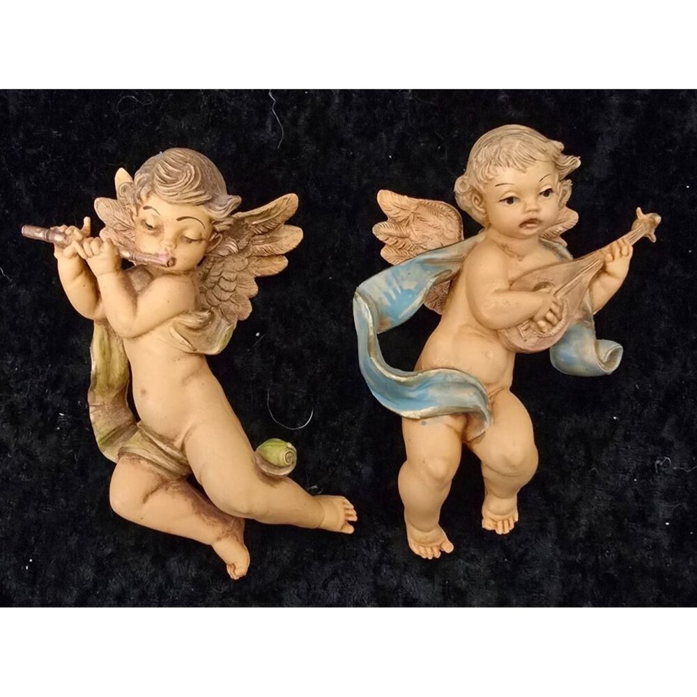 5" Cherub Angel Figurines Vintage Depose Italy Fontanini Playing Flute Mandolin
